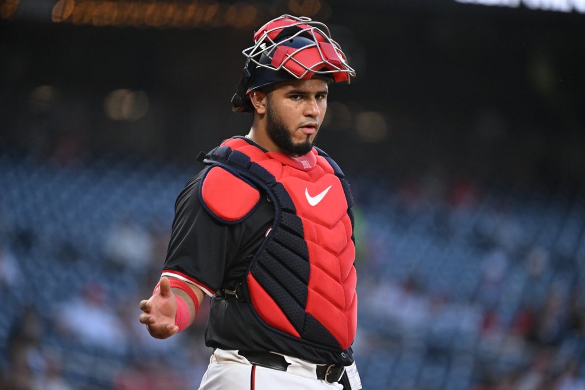 Aug 5, 2024; Washington, District of Columbia, USA; Washington Nationals catcher Keibert Ruiz (20) looks back towards the dugout against the San Francisco Giants during the fifth inning at Nationals Park. Mandatory Credit: Rafael Suanes-USA TODAY Sports