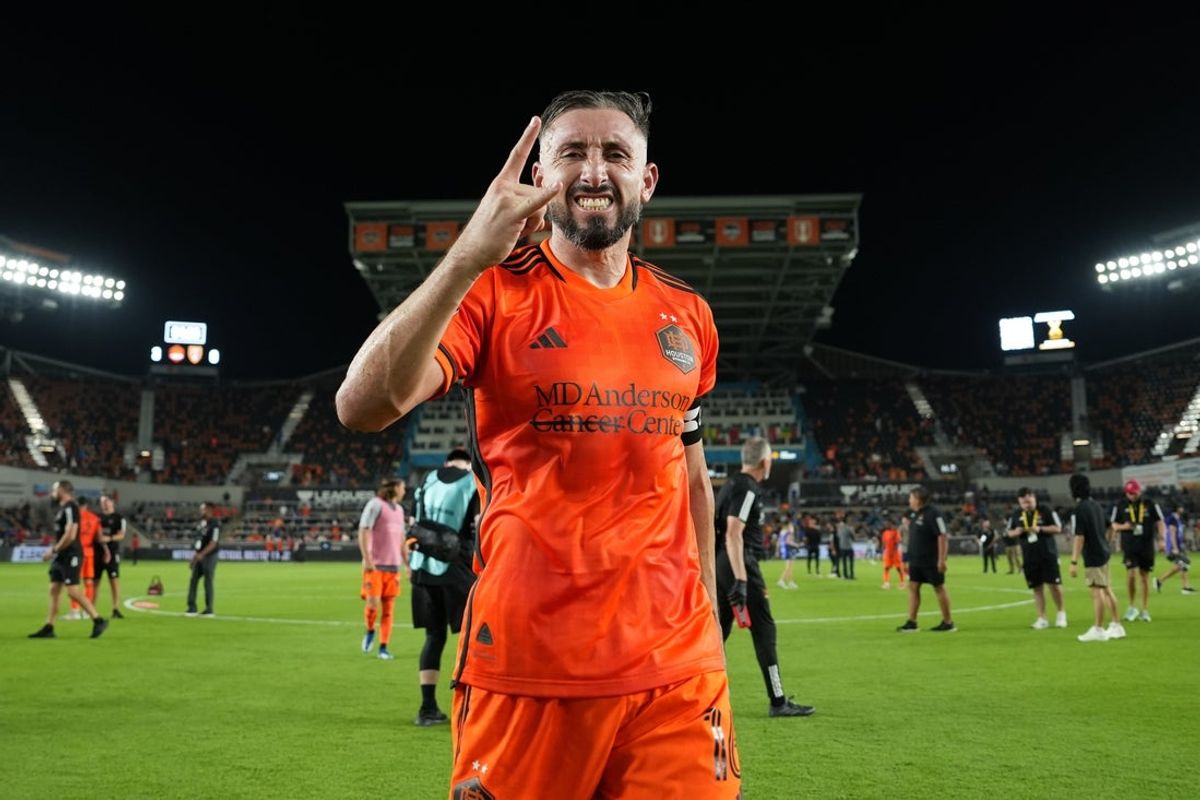 Aug 5, 2024; Houston, Texas, USA; Houston Dynamo FC midfielder Hector Herrera (16) reacts after defeating Real Slat Lake at Shell Energy Stadium. Mandatory Credit: Sean Thomas-Imagn Images