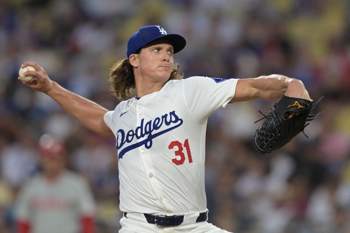 Aug 5, 2024; Los Angeles, California, USA;  Los Angeles Dodgers starting pitcher Tyler Glasnow (31) delivers to the plate in the third inning against the Philadelphia Phillies at Dodger Stadium. Mandatory Credit: Jayne Kamin-Oncea-USA TODAY Sports
