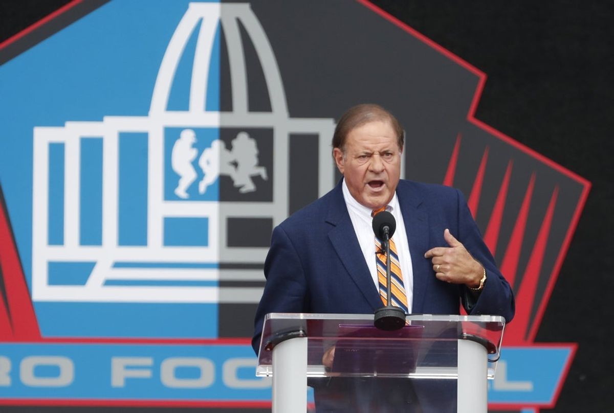 Aug 3, 2024; Canton, OH, USA;  Master of Ceremonies Chris Berman speaks at the Class of 2024 Pro Football Hall of Fame enshrinement ceremony at Tom Benson Hall of Fame Stadium. Mandatory Credit: Charles LeClaire-Imagn Images