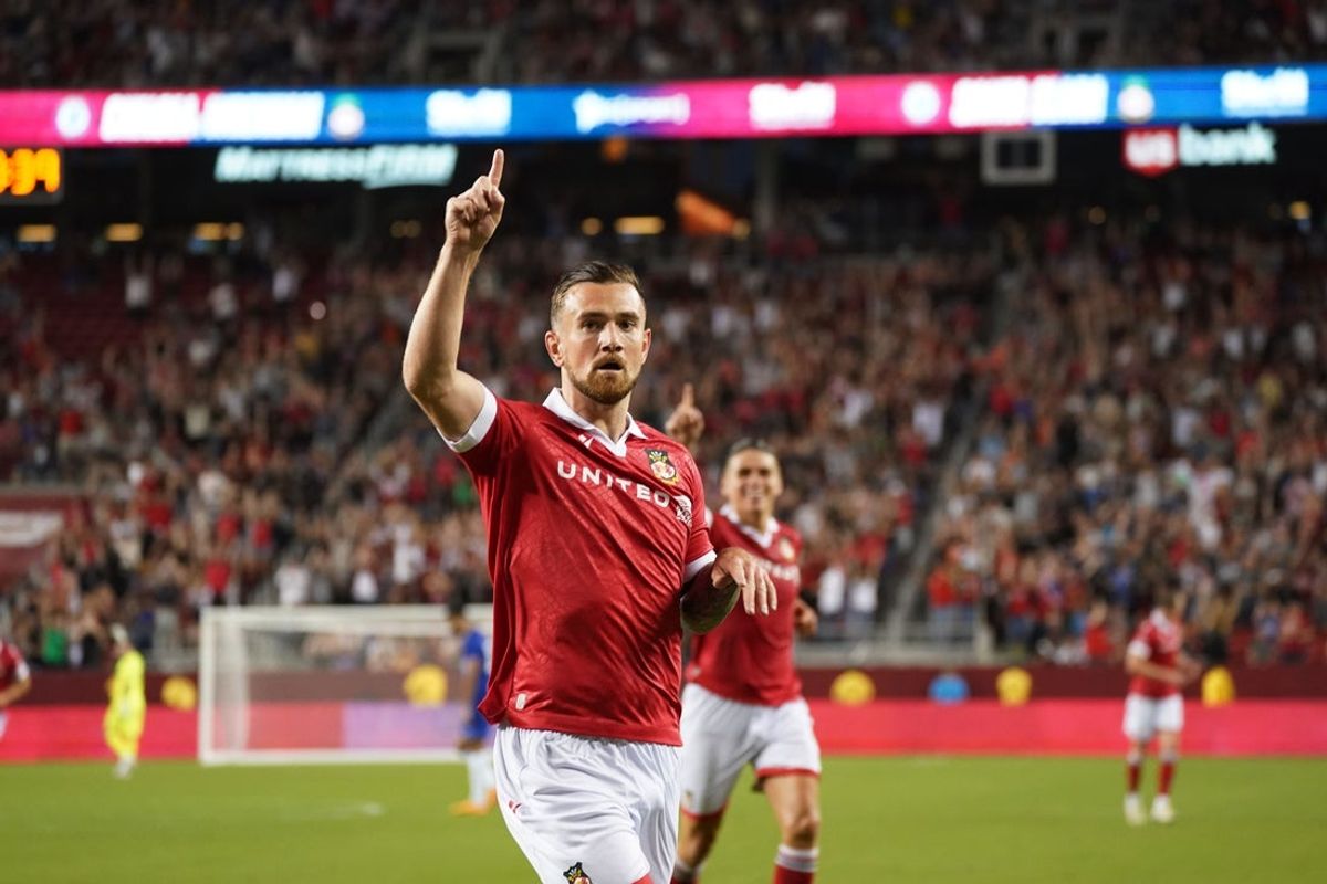Jul 24, 2024; Santa Clara, CA, USA; Wrexham forward Jack Marriott (11) scores a goal against Chelsea in the second half at Levi's Stadium. Mandatory Credit: David Gonzales-Imagn Images