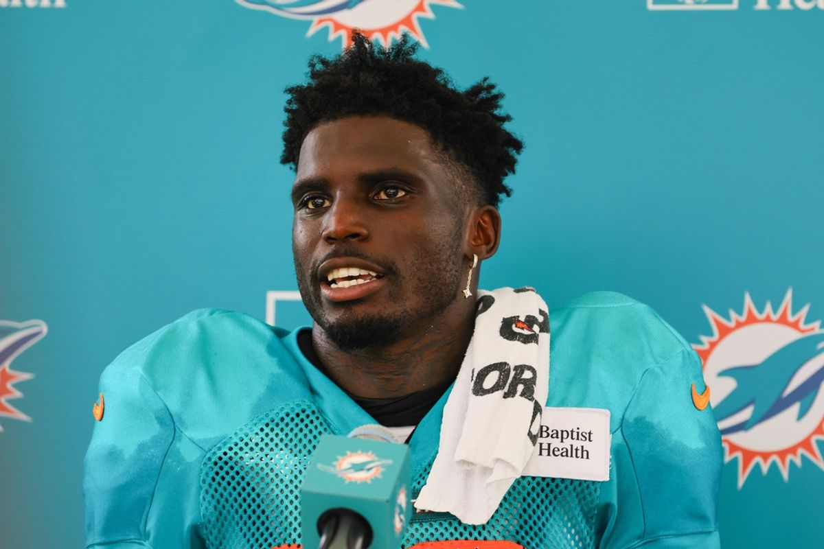 Aug 6, 2024; Miami Gardens, FL, USA; Miami Dolphins wide receiver Tyreek Hill (10) talks to reporters after a joint practice with the Atlanta Falcons at Baptist Health Training Complex. Mandatory Credit: Sam Navarro-USA TODAY Sports
