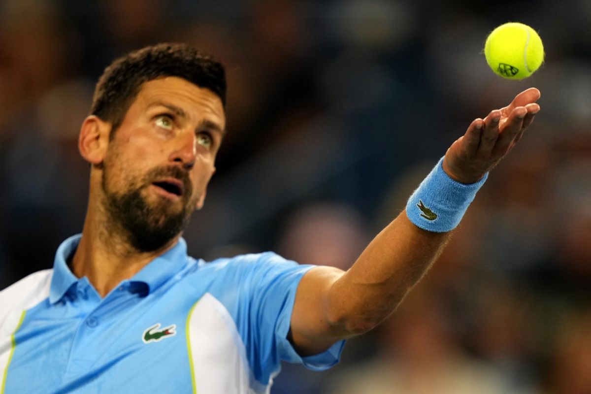 Novak Djokovic, of Serbia, serves to Gael Monfils, of France, during their third-round match of the Western & Southern Open tennis tournament, Thursday, Aug. 17, 2023, at the Lindner Family Tennis Center in Mason, Ohio.