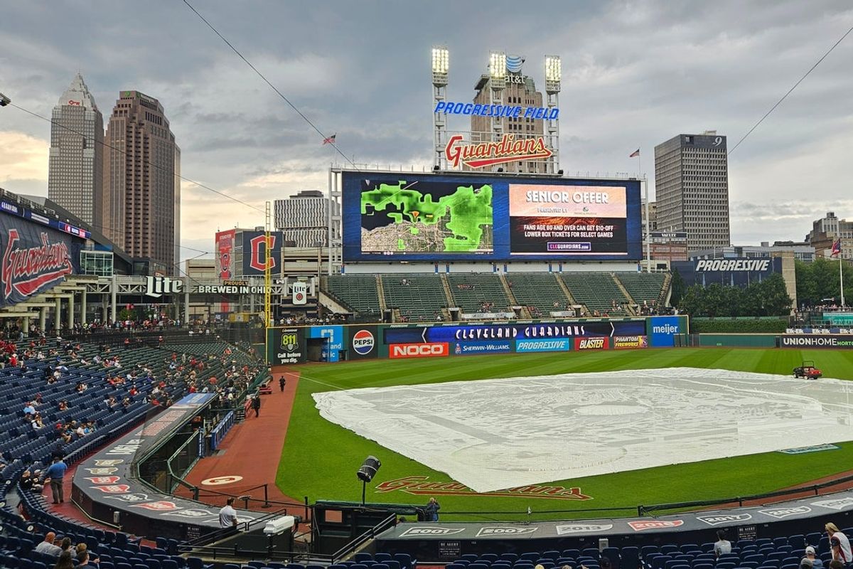 Aug 6, 2024; Cleveland, Ohio, USA; A general view of the field during a weather delay before a game between the Cleveland Guardians and the Arizona Diamondbacks at Progressive Field. Mandatory Credit: David Richard-Imagn Images