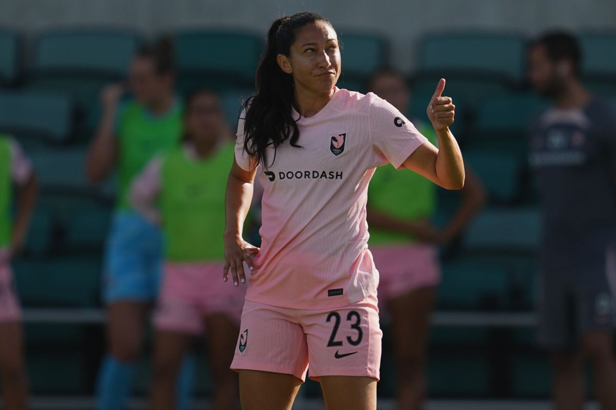 Aug 6, 2024; Kansas City, MO, USA; Angel City FC forward Christen Press (23) reacts in the second half against NJ/NY Gotham FC at CPKC Stadium. Mandatory Credit: Jay Biggerstaff-Imagn Images