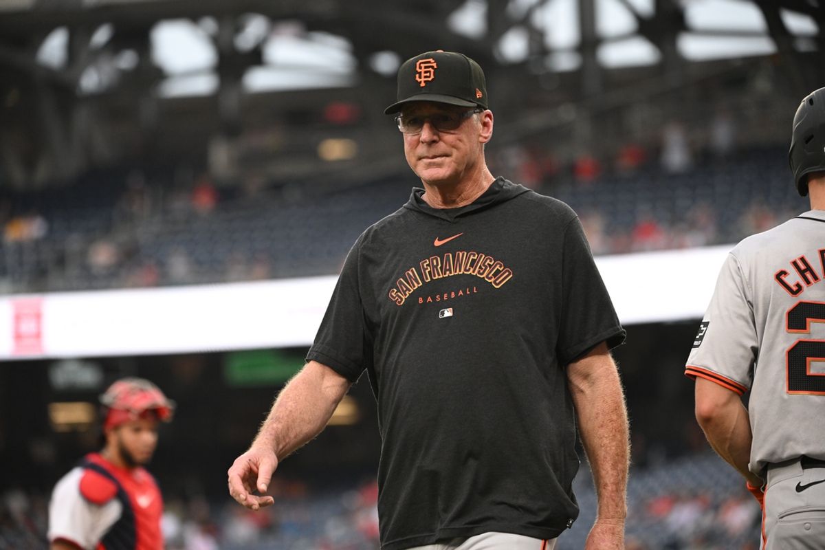 Aug 6, 2024; Washington, District of Columbia, USA; San Francisco Giants manager Bob Melvin (6) walks back to the dugout after arguing a call against the Washington Nationals during the second inning at Nationals Park. Mandatory Credit: Rafael Suanes-USA TODAY Sports