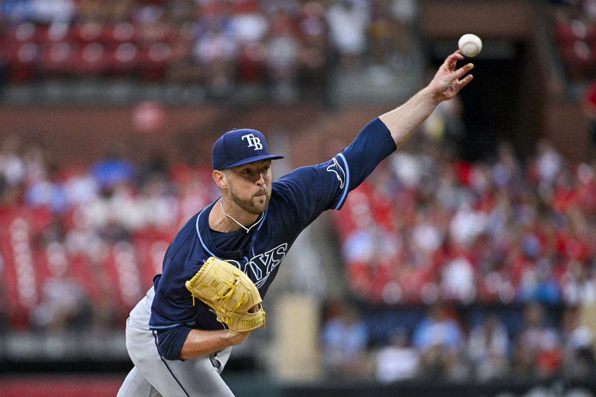 Aug 6, 2024; St. Louis, Missouri, USA;  Tampa Bay Rays starting pitcher Jeffrey Springs (59) pitches against the St. Louis Cardinals during the first inning at Busch Stadium. Mandatory Credit: Jeff Curry-Imagn Images