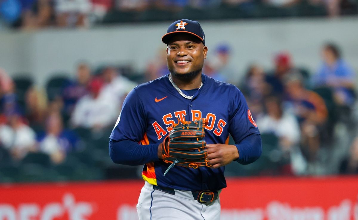 Aug 6, 2024; Arlington, Texas, USA;  Houston Astros starting pitcher Framber Valdez (59) laughs at the end of the third inning against the Texas Rangers at Globe Life Field. Mandatory Credit: Kevin Jairaj-USA TODAY Sports