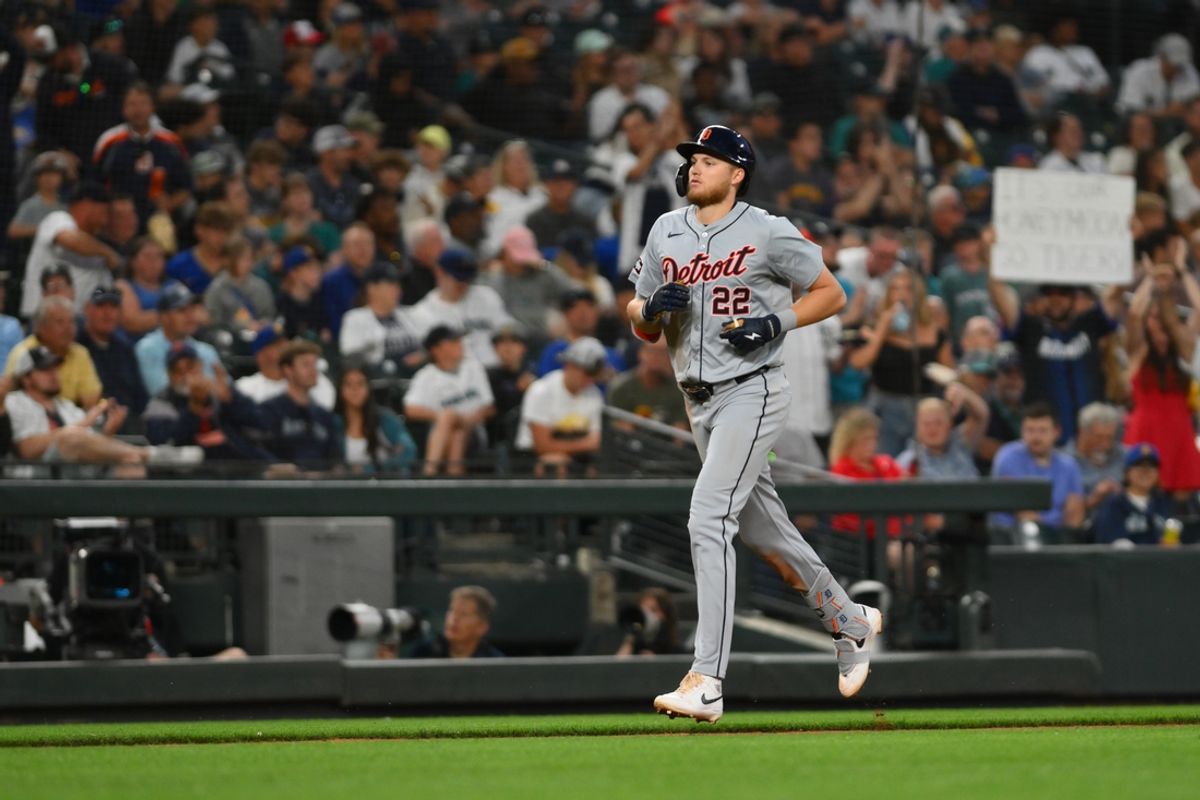 Aug 6, 2024; Seattle, Washington, USA; Detroit Tigers center fielder Parker Meadows (22) runs the bases after hitting a home run against the Seattle Mariners during the eighth inning at T-Mobile Park. Mandatory Credit: Steven Bisig-USA TODAY Sports