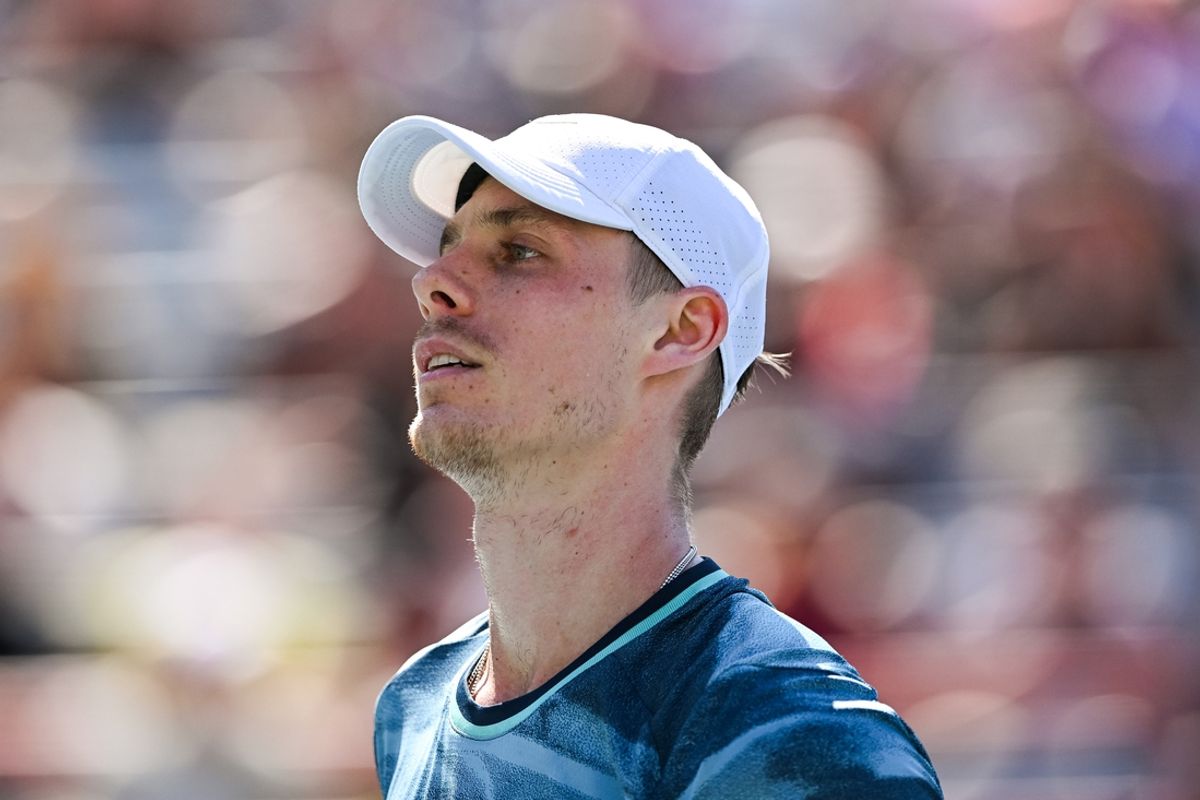 Aug 7, 2024; Montreal, Quebec, Canada; Denis Shapovalov (CAN) looks on against Brandon Nakashima (USA) (not pictured) in first round play at IGA Stadium. Mandatory Credit: David Kirouac-Imagn Images