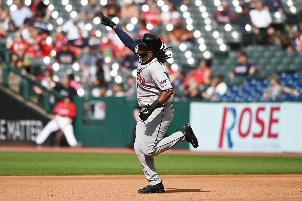 Aug 7, 2024; Cleveland, Ohio, USA; Arizona Diamondbacks first baseman Josh Bell (36) rounds the bases after hitting a home run during the third inning against the Cleveland Guardians at Progressive Field. Mandatory Credit: Ken Blaze-USA TODAY Sports