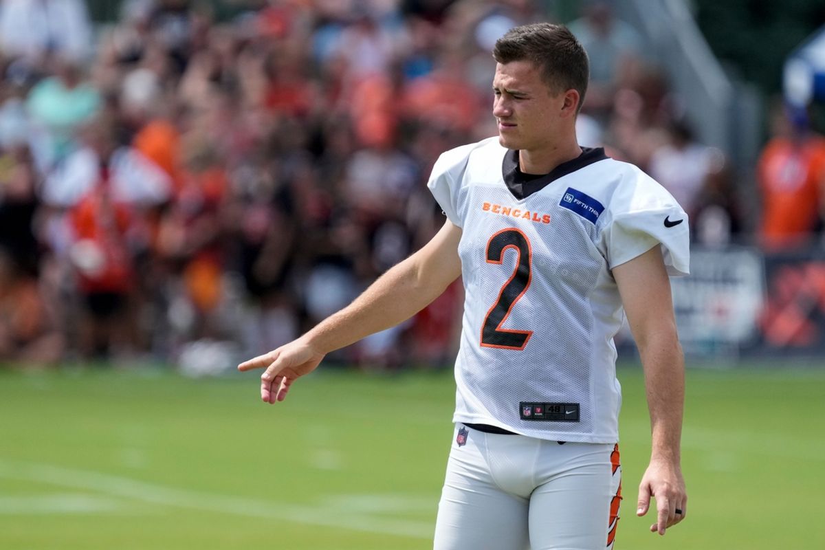 Cincinnati Bengals kicker Evan McPherson warms up during a preseason training camp practice at the Paycor Stadium practice field in downtown Cincinnati on Wednesday, Aug. 7, 2024.