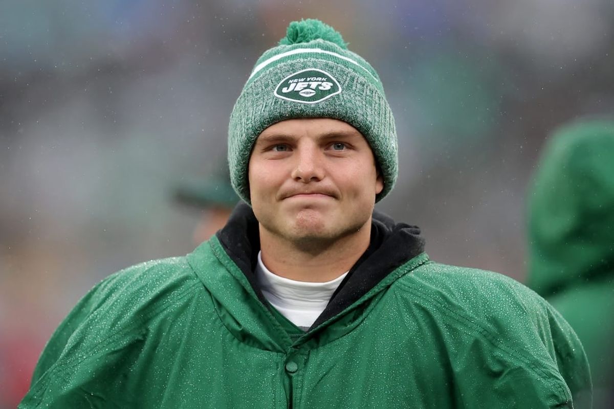Dec 3, 2023; East Rutherford, New Jersey, USA; New York Jets quarterback Zach Wilson (2) reacts on the sideline during the first quarter against the Atlanta Falcons at MetLife Stadium.