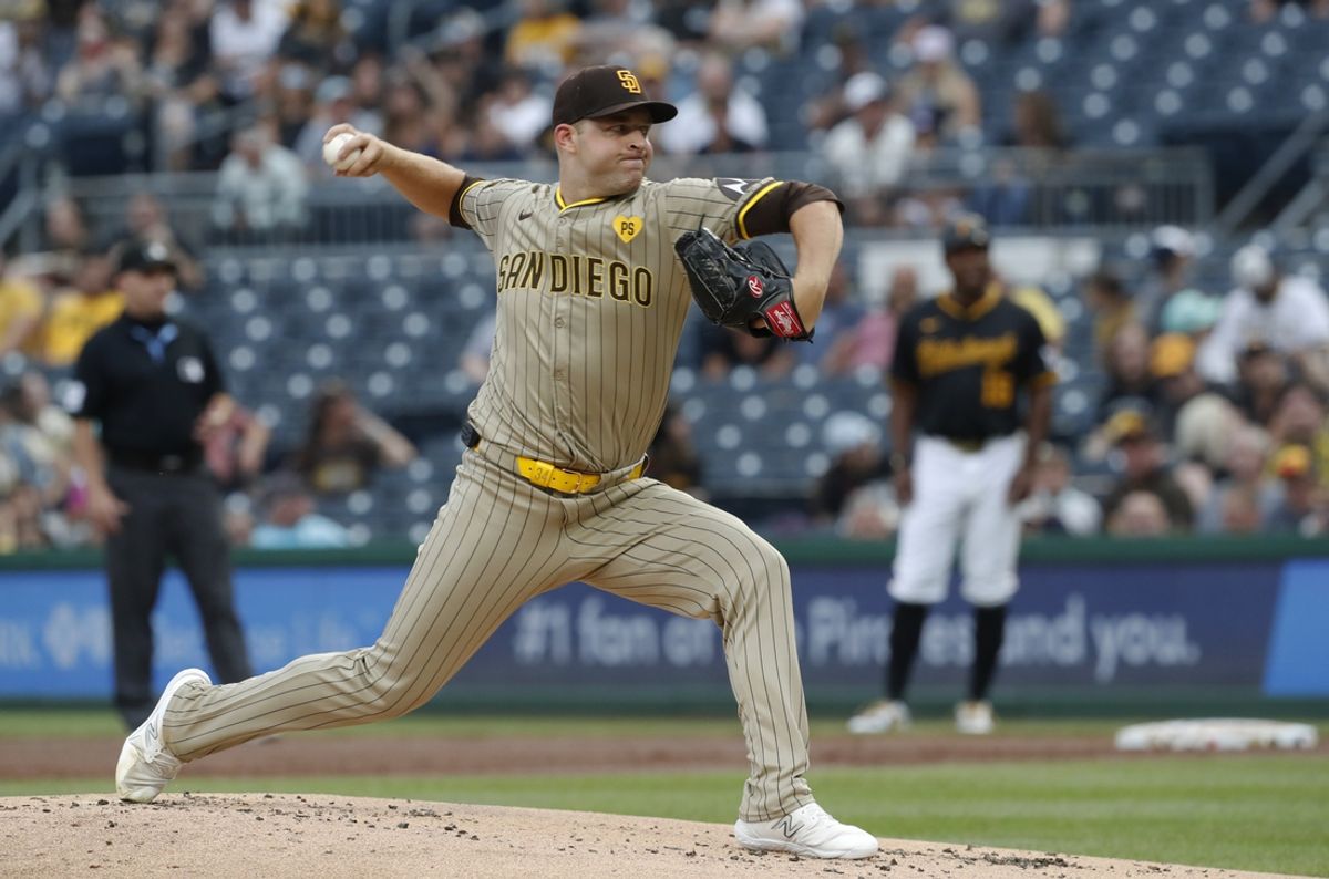 Aug 7, 2024; Pittsburgh, Pennsylvania, USA; San Diego Padres starting pitcher Michael King (34) delivers a pitch  against the Pittsburgh Pirates during the first inning at PNC Park. Mandatory Credit: Charles LeClaire-USA TODAY Sports