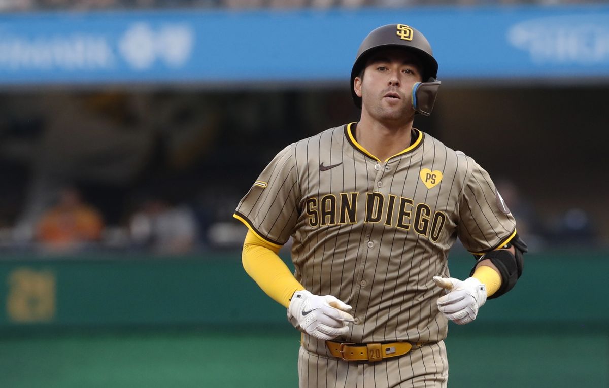 Aug 7, 2024; Pittsburgh, Pennsylvania, USA;  against San Diego Padres catcher Kyle Higashioka (20) circles the bases on a three run home run against the Pittsburgh Pirates during the fourth inning at PNC Park. Mandatory Credit: Charles LeClaire-USA TODAY Sports