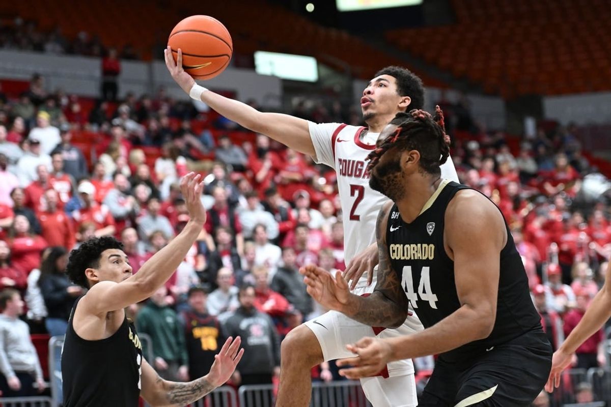 Jan 27, 2024; Pullman, Washington, USA; Washington State Cougars guard Myles Rice (2) shoots the ball against Colorado Buffaloes center Eddie Lampkin Jr. (44) in the second half at Friel Court at Beasley Coliseum.