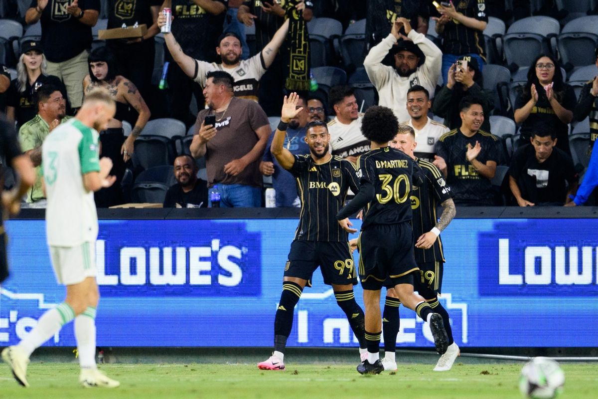 Aug 7, 2024; Los Angeles, California, USA; Los Angeles FC forward Dénis Bouanga (99) celebrates his goal against Austin FC during the first half at BMO Stadium. Mandatory Credit: Kelvin Kuo-USA TODAY Sports