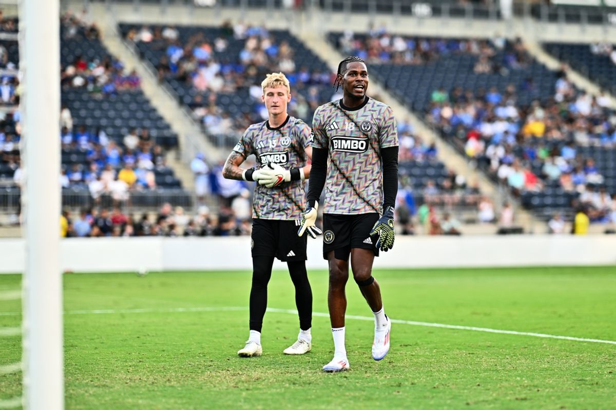 Aug 4, 2024; Chester, Pennsylvania, USA; Philadelphia Union goalkeeper Andre Blake (18) warms up with goalkeeper Holden Trent (13) before the game against Cruz Azul at Subaru Park. Mandatory Credit: Kyle Ross-Imagn Images