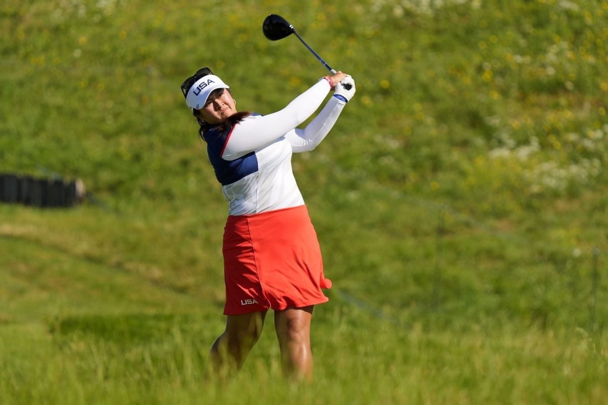 Aug 8, 2024; Saint-Quentin-en-Yvelines, France; Lilia Vu (USA) tees off on the third hole in the second round in women's individual stroke play during the Paris 2024 Olympic Summer Games at Le Golf National. Mandatory Credit: Katie Goodale-Imagn Images