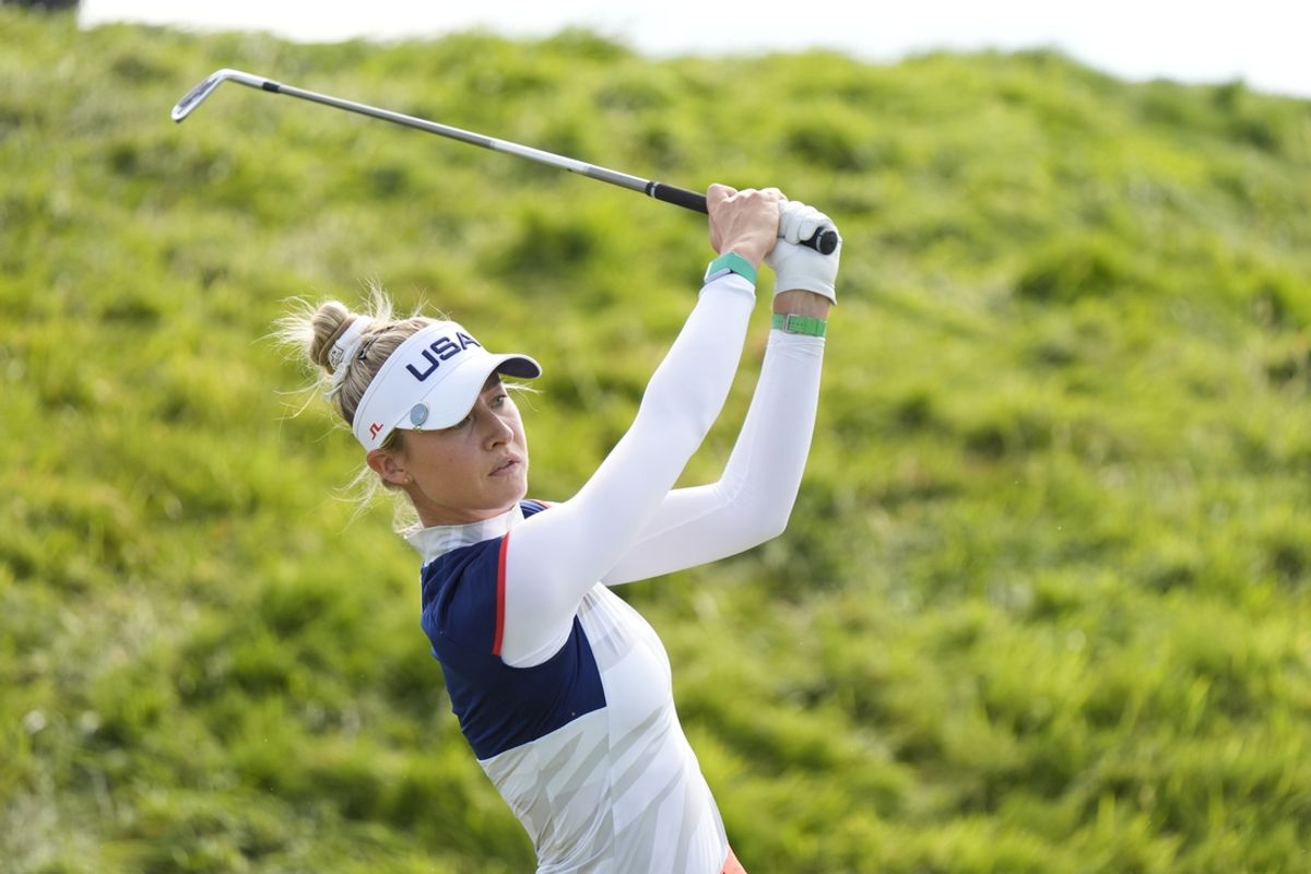(File photo) Nelly Korda hits her tee shot on the 16th hole in the second round in women's individual stroke play during the Paris 2024 Olympic Summer Games at Le Golf National. Mandatory Credit: Katie Goodale-USA TODAY Sports