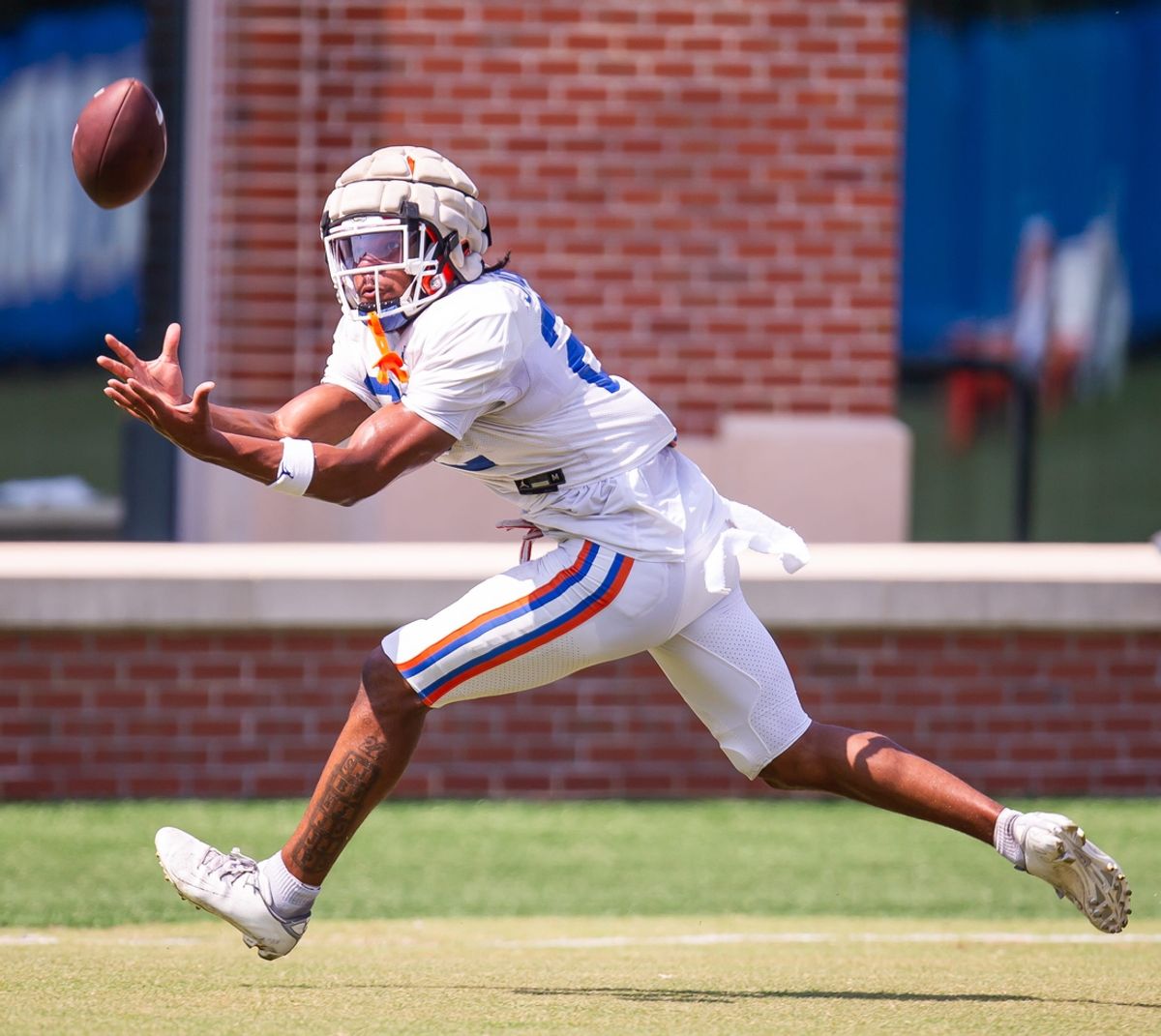 Florida Gators wide receiver Kahleil Jackson (22) stretches for a catch while running pass routes during Fall practice at Sanders Practice Fields in Gainesville, FL on Thursday, August 8, 2024. [Doug Engle/Gainesville Sun]