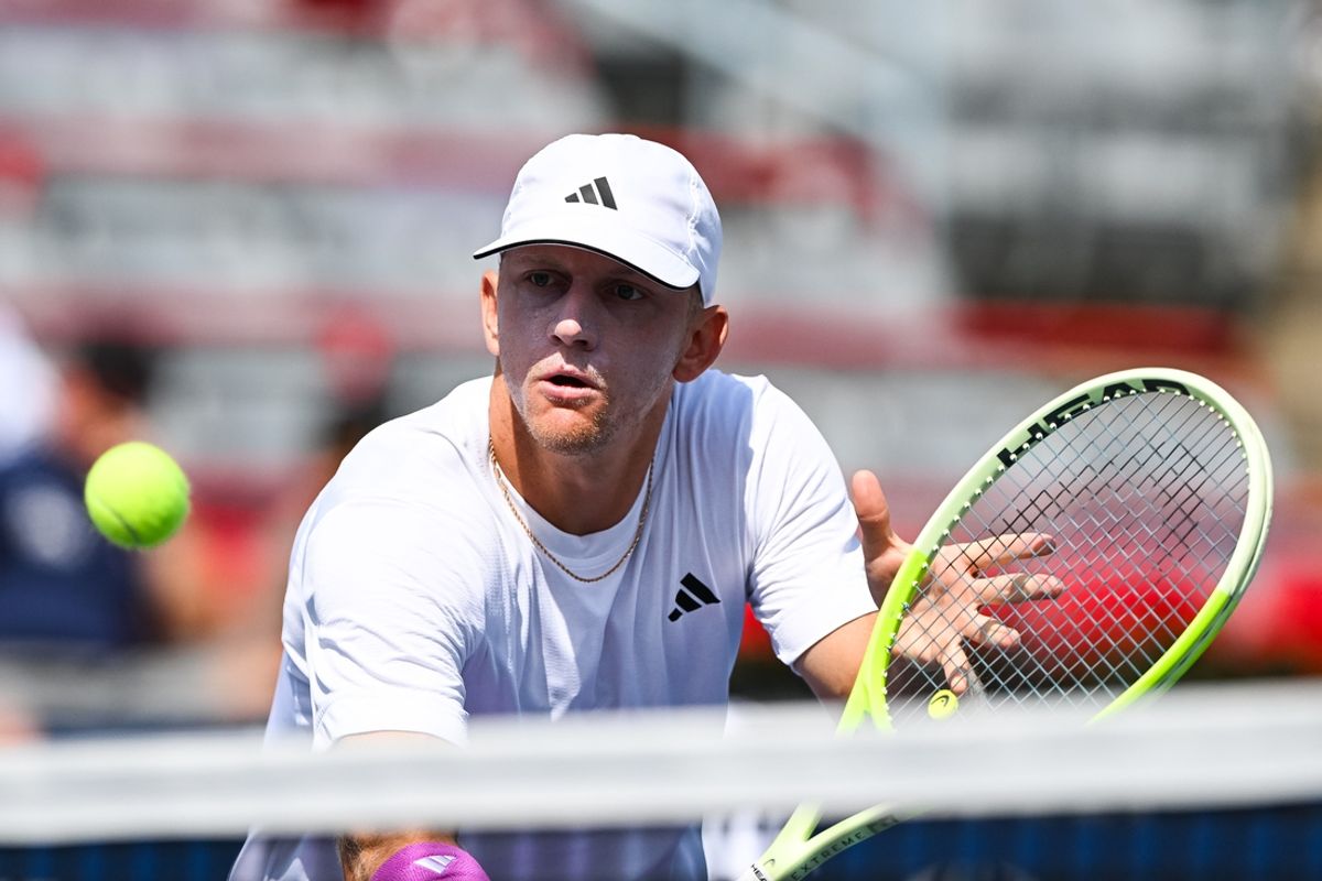 Aug 8, 2024; Montreal, Quebec, Canada; Alejandro Davidovich Fokina (ESP) returns the ball to Daniil Medvedev (not pictured) in second round play at IGA Stadium. Mandatory Credit: David Kirouac-USA TODAY Sports
