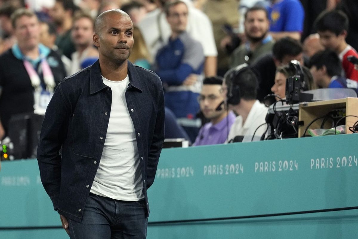 Aug 8, 2024; Paris, France; Former NBA player Tony Parker looks on during the first half between France and Germany in a men's basketball semifinal game during the Paris 2024 Olympic Summer Games at Accor Arena. Mandatory Credit: Kyle Terada-Imagn Images