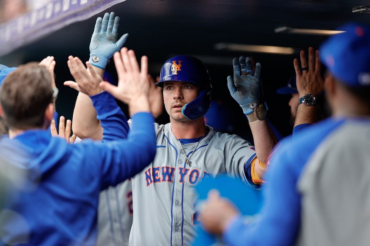 Aug 8, 2024; Denver, Colorado, USA; New York Mets first baseman Pete Alonso (20) celebrates in the dugout on a two run home run in the first inning against the Colorado Rockies at Coors Field. Mandatory Credit: Isaiah J. Downing-USA TODAY Sports