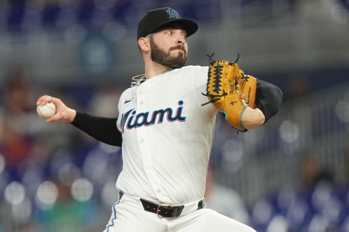 Aug 8, 2024; Miami, Florida, USA;  Miami Marlins starting pitcher Kyle Tyler (73) throws against the Cincinnati Reds in the first inning at loanDepot Park. Mandatory Credit: Jim Rassol-USA TODAY Sports