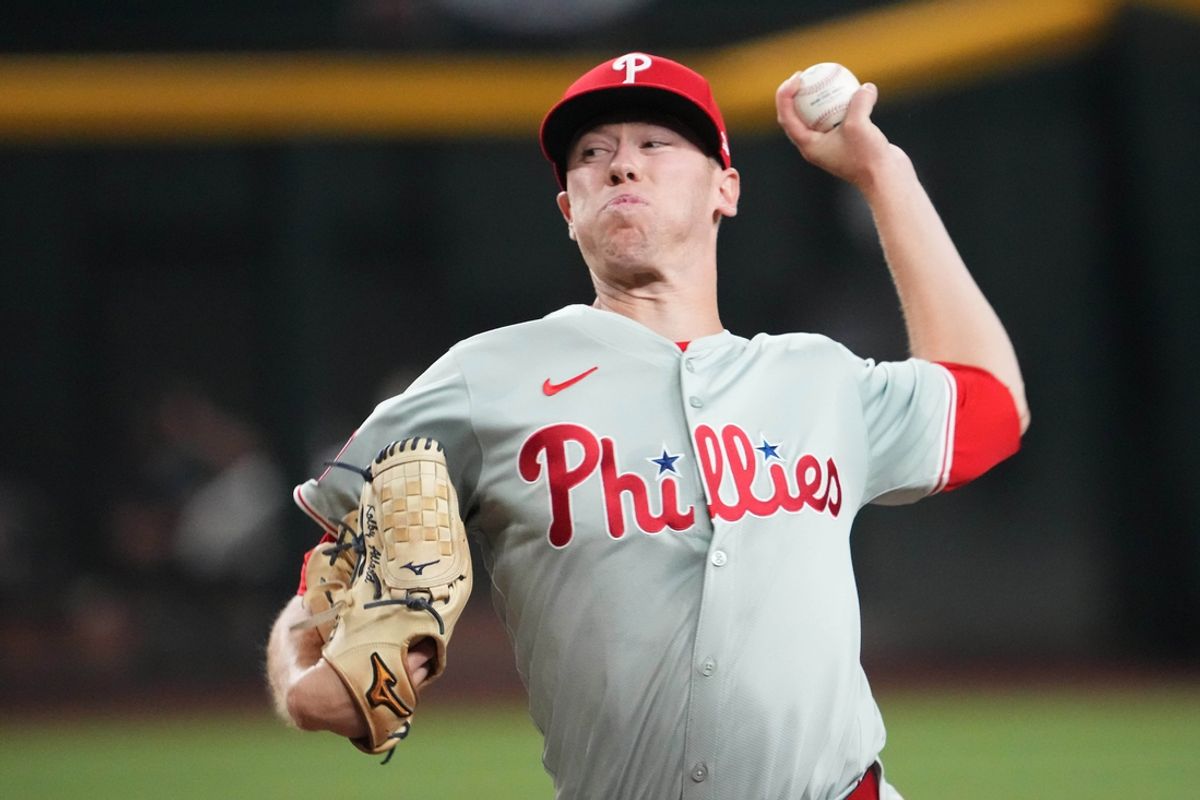 Aug 8, 2024; Phoenix, Arizona, USA; Philadelphia Phillies pitcher Kolby Allard (49) pitches against the Arizona Diamondbacks during the first inning at Chase Field. Mandatory Credit: Joe Camporeale-Imagn Images