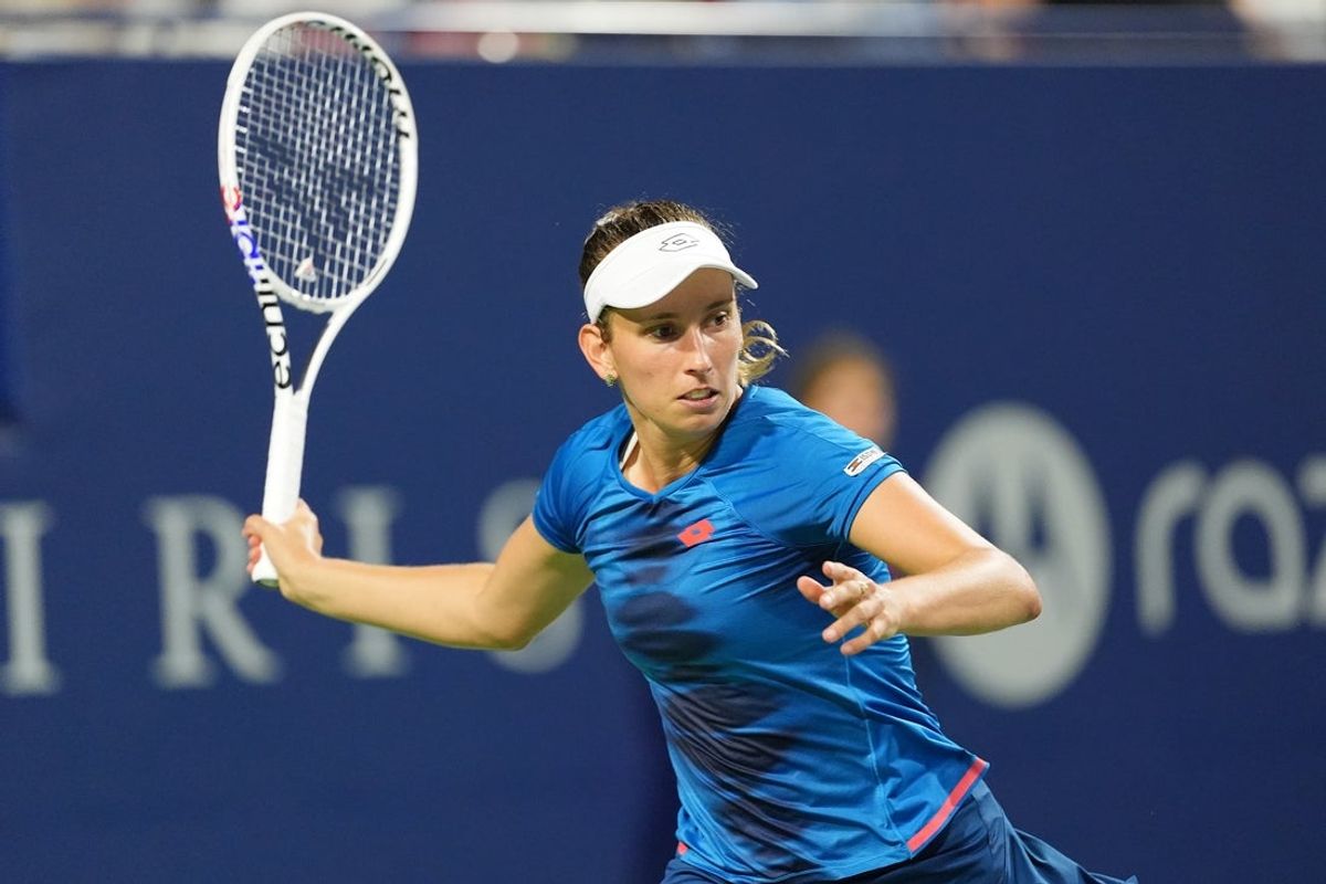 Aug 8, 2024; Toronto, Ontario, Canada; Elise Mertens (BEL) sets up to return a ball to Naomi Osaka (not pictured) during the second round of play at Sobeys Stadium. Mandatory Credit: John E. Sokolowski-Imagn Images