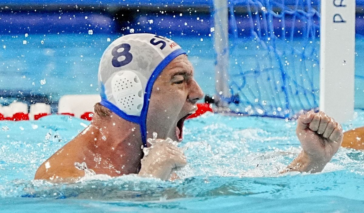 Aug 9, 2024; Nanterre, France; Serbia centre back Nikola Jaksic (8) in a men's water polo semifinal during the Paris 2024 Olympic Summer Games at Paris La Défense Arena. Mandatory Credit: Andrew P. Scott-USA TODAY Sports