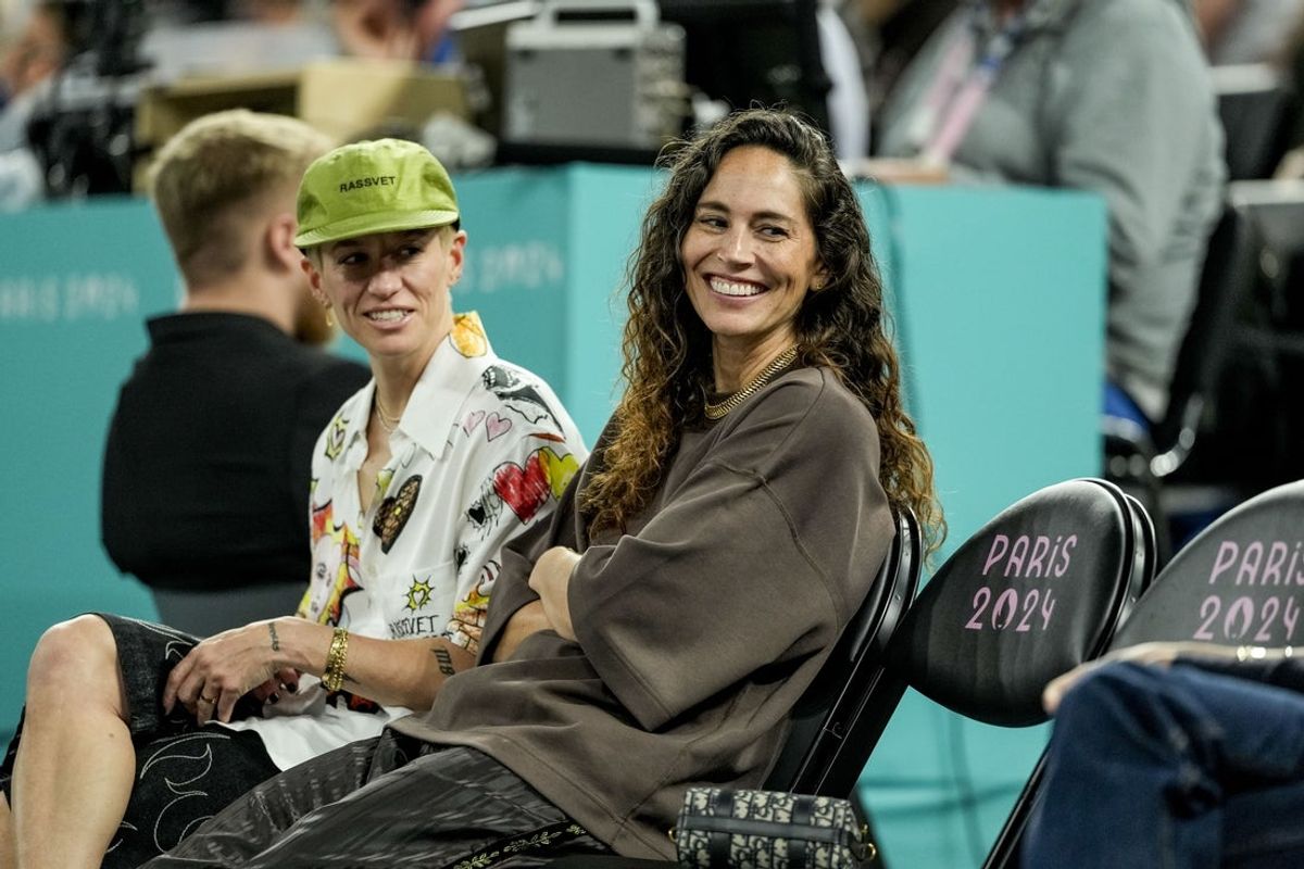 Aug 9, 2024; Paris, France; Megan Rapinoe and Sue Bird watch a women's basketball semifinal game during the Paris 2024 Olympic Summer Games at Accor Arena. Mandatory Credit: Kyle Terada-Imagn Images