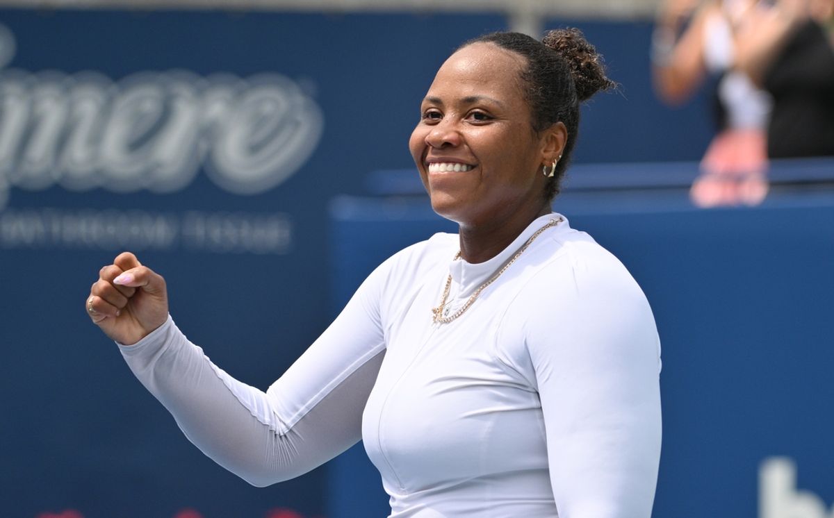 Aug 9, 2024; Toronto, Ontario, USA;  Taylor Townsend (USA) celebrates after defeating Jelena Ostapenko (LAT, not shown) in third round play at Sobeys Stadium. Mandatory Credit: Dan Hamilton-USA TODAY Sports