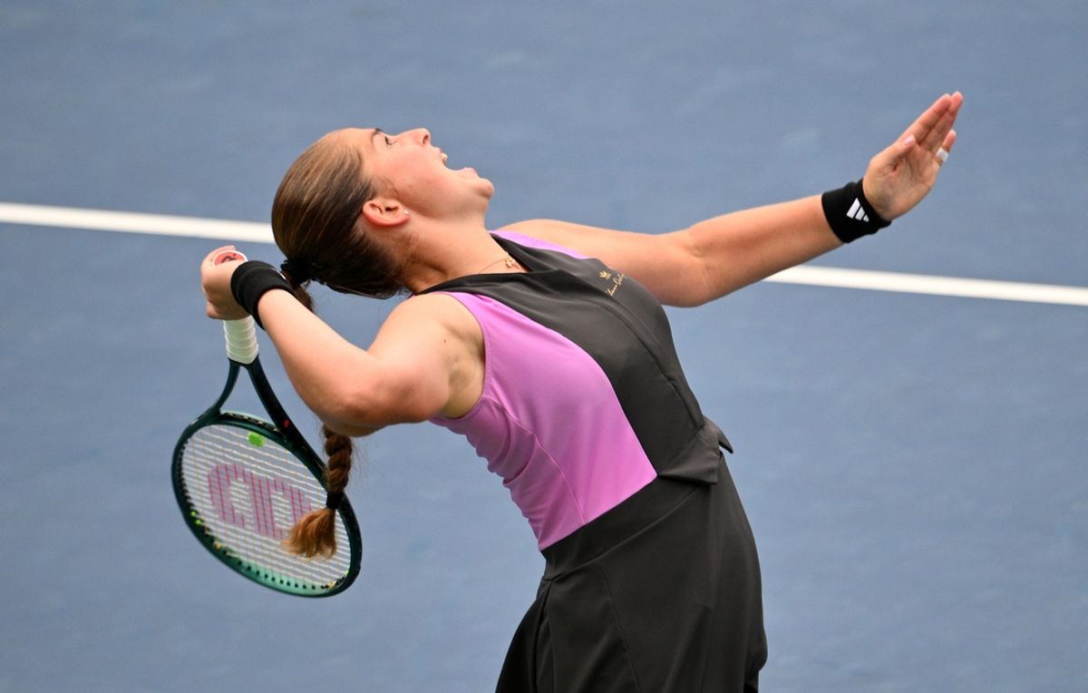 Aug 9, 2024; Toronto, Ontario, USA;  Jelena Ostapenko (LAT) serves against Taylor Townsend (USA, not shown) in third round play at Sobeys Stadium. Mandatory Credit: Dan Hamilton-Imagn Images