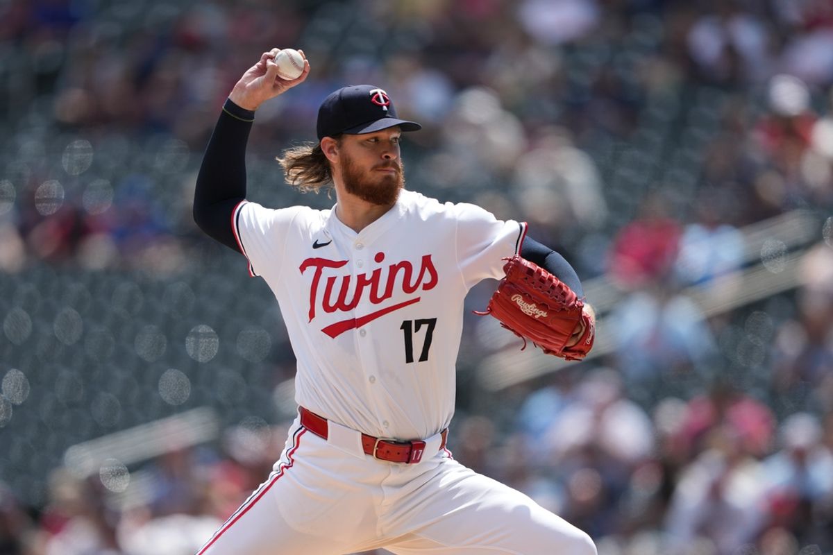 Aug 9, 2024; Minneapolis, Minnesota, USA; Minnesota Twins starting pitcher Bailey Ober (17) delivers against the Cleveland Guardians during the first inning at Target Field. Mandatory Credit: Jordan Johnson-USA TODAY Sports
