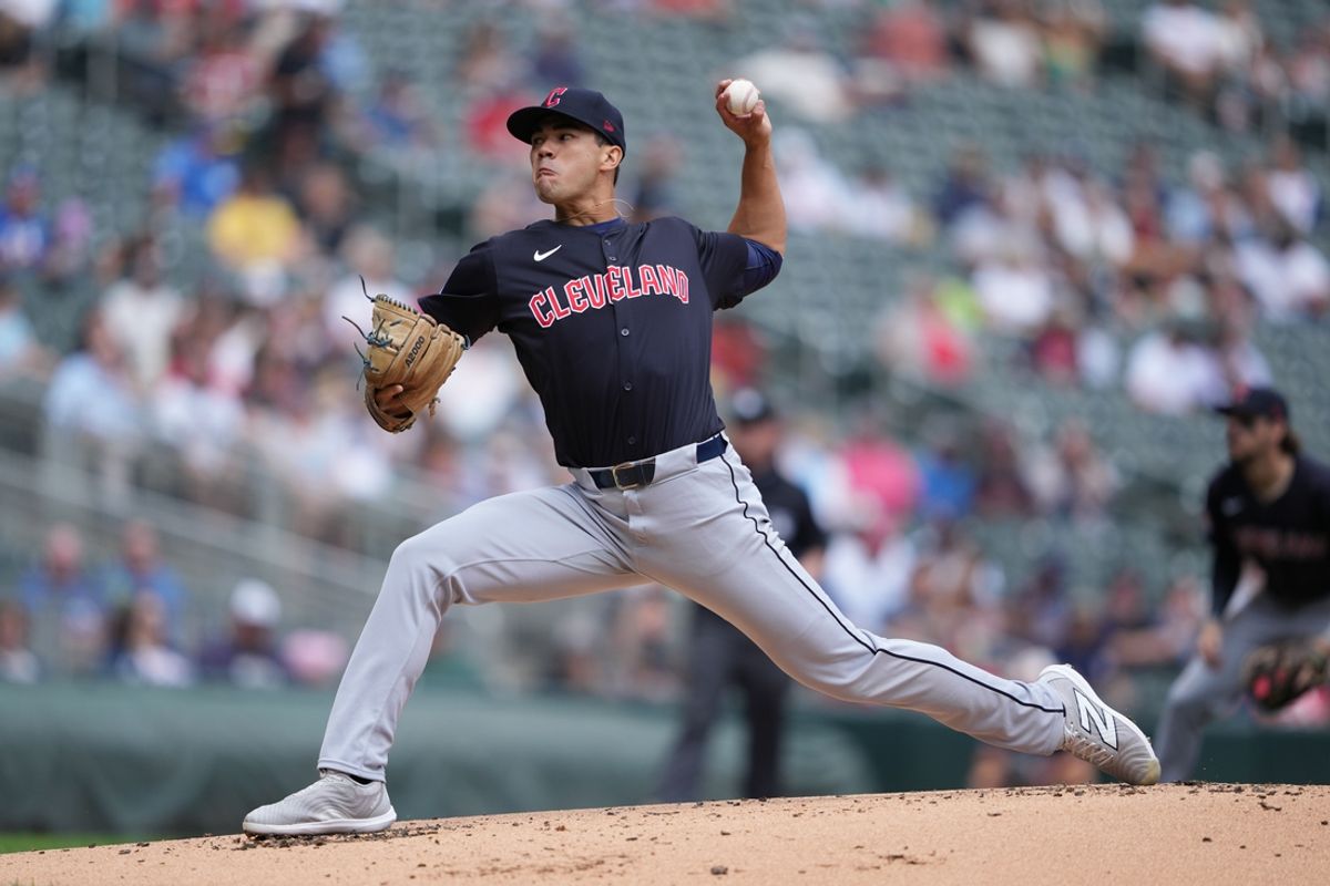 Aug 9, 2024; Minneapolis, Minnesota, USA; Cleveland Guardians starting pitcher Joey Cantillo (54) throws against the Minnesota Twins during the first inning at Target Field. Mandatory Credit: Jordan Johnson-Imagn Images