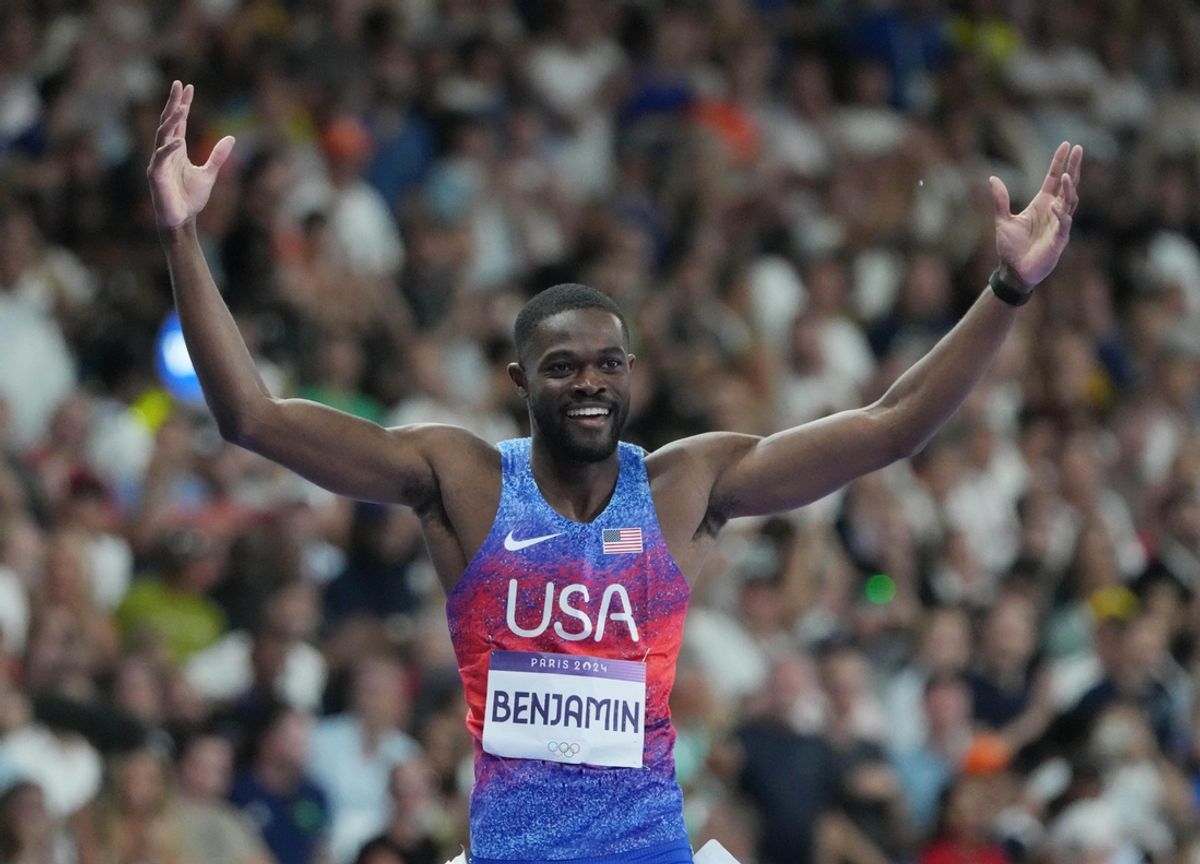 Aug 9, 2024; Saint-Denis, FRANCE;  Rai Benjamin (USA) celebrates winning the men's 400m hurdles final during the Paris 2024 Olympic Summer Games at Stade de France. Mandatory Credit: Kirby Lee-USA TODAY Sports