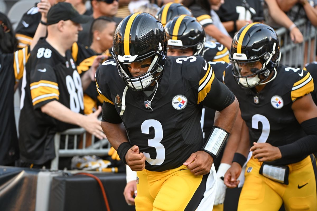 Aug 9, 2024; Pittsburgh, Pennsylvania, USA; Pittsburgh Steelers quarterback Russell Wilson (3) and Justin Fields (2) take the field for pre-game against the Houston Texans at Acrisure Stadium. Mandatory Credit: Barry Reeger-Imagn Images
