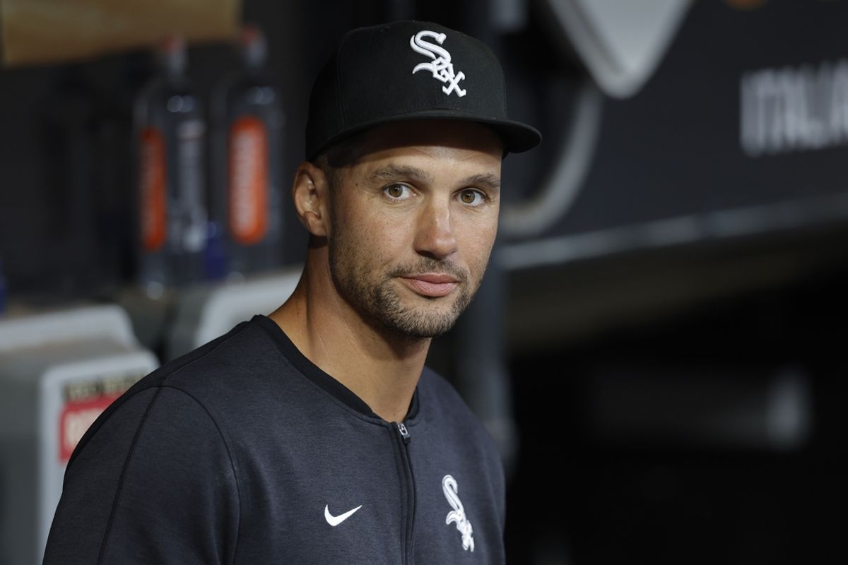 Aug 9, 2024; Chicago, Illinois, USA; Chicago White Sox interim manager Grady Sizemore (24) looks on from the dugout before a baseball game against the Chicago Cubs at Guaranteed Rate Field. Mandatory Credit: Kamil Krzaczynski-Imagn Images
