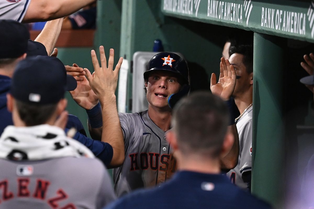 Aug 9, 2024; Boston, Massachusetts, USA; Houston Astros center fielder Jake Meyers (6) celebrates scoring on a two-run home run hit by second baseman Jose Altuve (27) (not pictured) during the seventh inning against the Boston Red Sox at Fenway Park. Mandatory Credit: Eric Canha-USA TODAY Sports