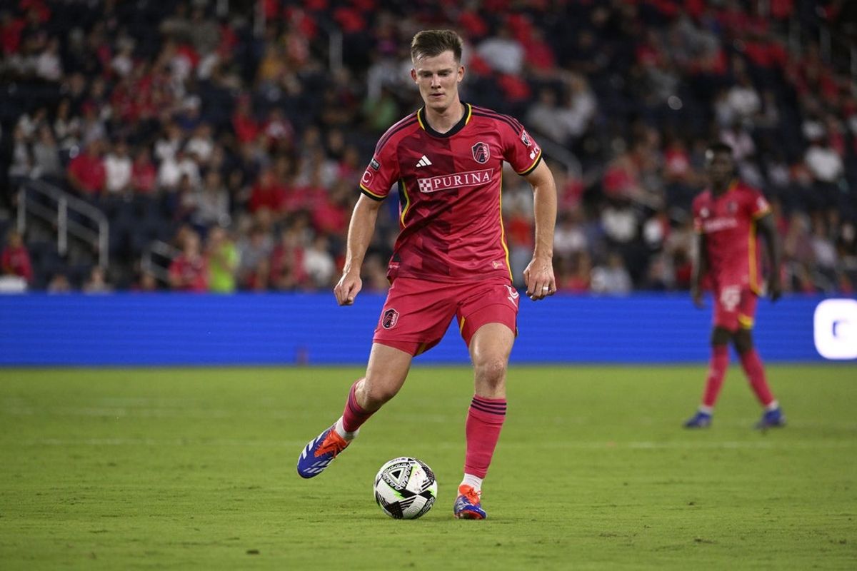 Aug 9, 2024; St. Louis, Missouri, USA; St. Louis CITY SC midfielder Chris Durkin (8) controls the ball against the Portland Timbers in the first half at CITYPARK. Mandatory Credit: Joe Puetz-Imagn Images