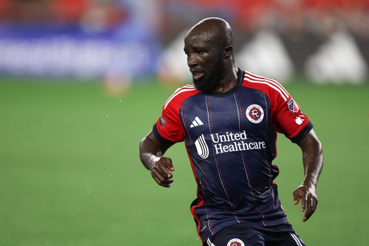 Aug 9, 2024; Foxborough, Massachusetts, USA; New England Revolution midfielder Emmanuel Boateng (18) reacts during the first half against New York City FC at Gillette Stadium. Mandatory Credit: Paul Rutherford-Imagn Images