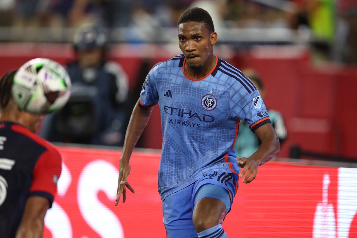 Aug 9, 2024; Foxborough, Massachusetts, USA; New York City FC defender Christian McFarlane (18) passes the ball during the second half against the New England Revolution at Gillette Stadium. Mandatory Credit: Paul Rutherford-Imagn Images
