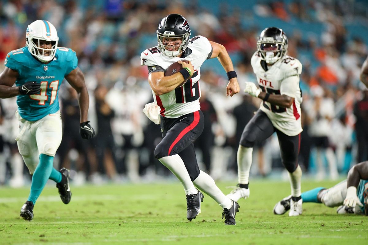 Aug 9, 2024; Miami Gardens, Florida, USA; Atlanta Falcons quarterback Nathan Rourke (16) runs with the ball against the Miami Dolphins in the fourth quarter during preseason at Hard Rock Stadium. Mandatory Credit: Nathan Ray Seebeck-USA TODAY Sports