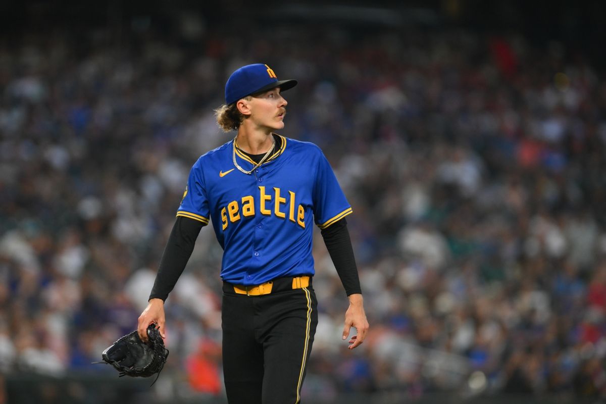 Aug 9, 2024; Seattle, Washington, USA; Seattle Mariners starting pitcher Bryce Miller (50) walks off the field after the final out of the fifth inning against the New York Mets at T-Mobile Park. Mandatory Credit: Steven Bisig-USA TODAY Sports