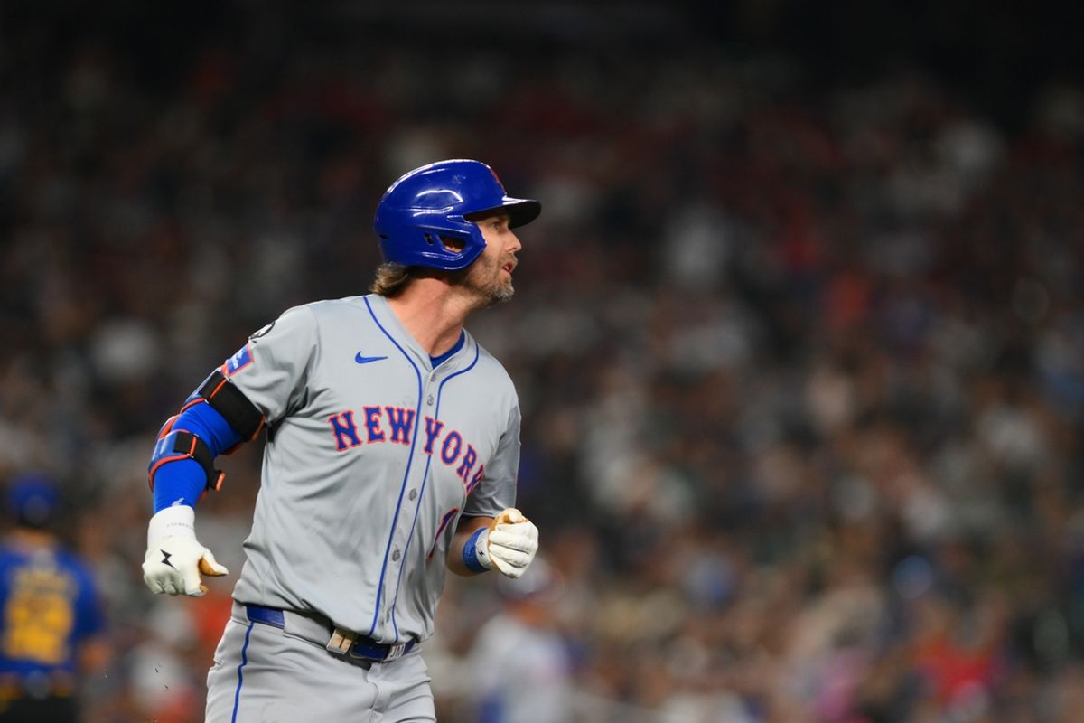 Aug 9, 2024; Seattle, Washington, USA; New York Mets second baseman Jeff McNeil (1) runs towards first base after hitting a single against the Seattle Mariners during the seventh inning at T-Mobile Park. Mandatory Credit: Steven Bisig-Imagn Images
