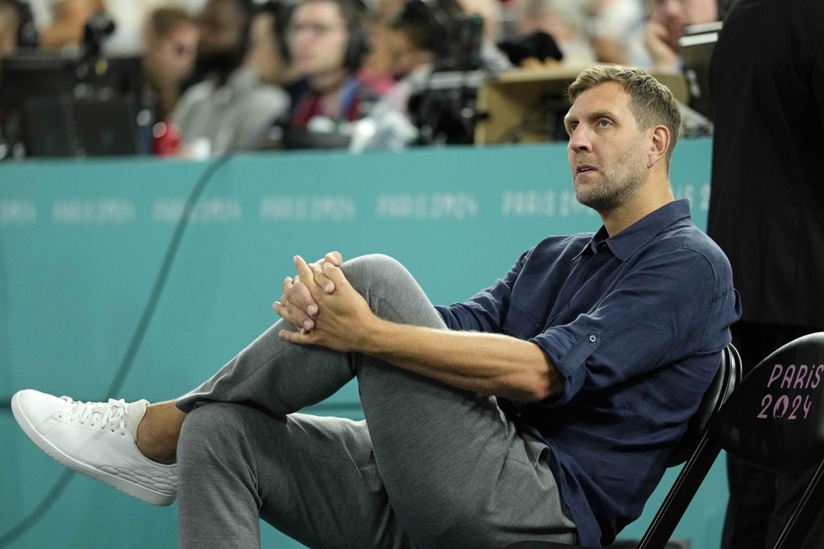 Aug 10, 2024; Paris, France; Dirk Nowitzki looks on during the men's basketball bronze medal game between Serbia and Germany during the Paris 2024 Olympic Summer Games at Accor Arena. Mandatory Credit: Kyle Terada-Imagn Images