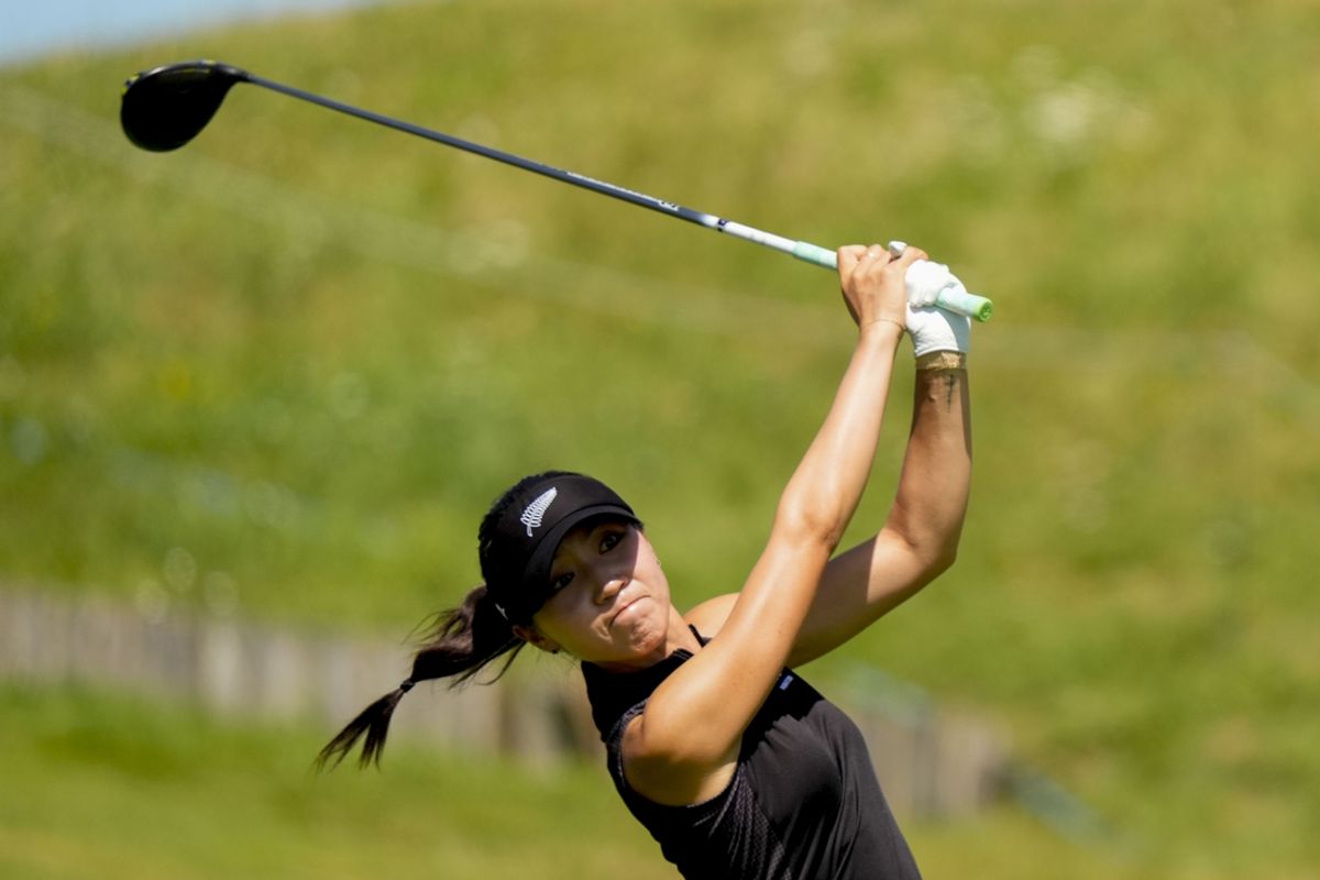 Aug 10, 2024; Saint-Quentin-en-Yvelines, France; Lydia Ko (New Zealand) on no. 3 in the final round of women's individual stroke play during the Paris 2024 Olympic Summer Games at Le Golf National. Mandatory Credit: Katie Goodale-Imagn Images