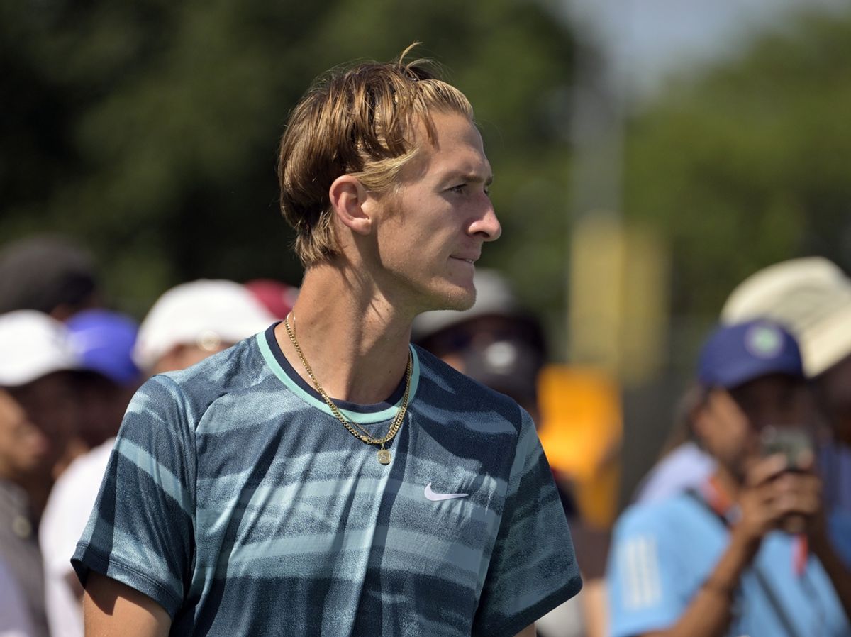 Aug 10, 2024; Montreal, Quebec, Canada; Sebastian Korda (USA) prepares to serve against Taylor Fritz (USA) (not pictured) in second round play at IGA Stadium. Mandatory Credit: Eric Bolte-Imagn Images